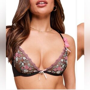 Adore Me Black Bra with Pink Floral Embroidery
